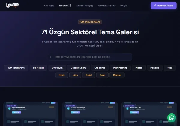 71 Özgün Sektörel Tema Galerisi ve Canlı Önizleme
